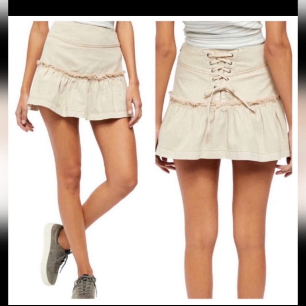NWOT Free People Positano Lace-Up Boho Frill Ruffle Mini Skirt Khaki Siz…